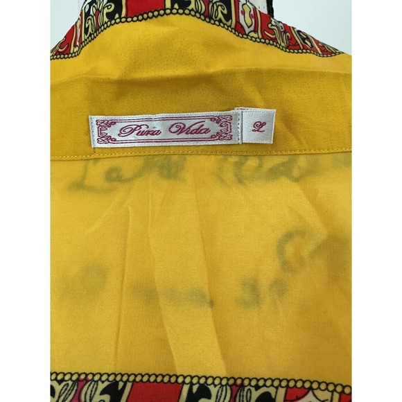 Pura Vida Button-Up Top Short Sleeve Paisley Print Blouse Yellow Red L - Picture 2 of 5